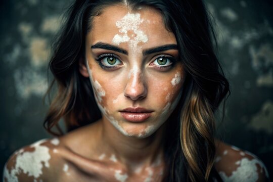 Leukoderma. Vitiligo. Violation of skin pigmentation. Large white spots all over the body and face. Portrait of a beautiful girl with a skin disease.