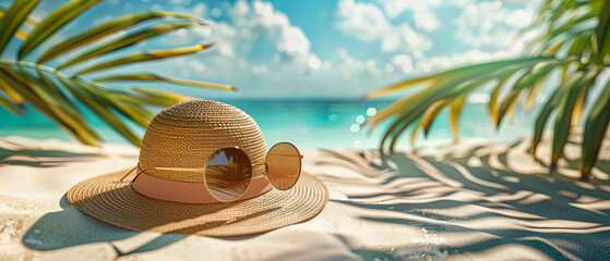 Beach Vacation Essentials: Relaxing Atmosphere with Sun Hat and Sunglasses