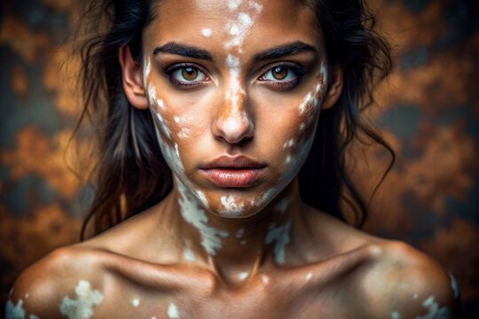 Leukoderma. Vitiligo. Violation of skin pigmentation. Large white spots all over the body and face. Portrait of a beautiful girl with a skin disease.