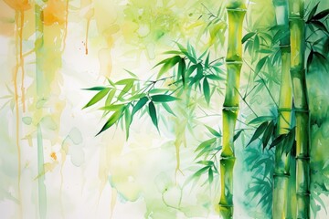 Delicate Bamboo watercolor painting. Nature tropical branch tree artistic artwork design. Generate ai