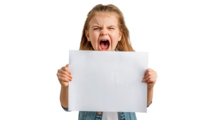 Energetic 7 year old, screaming, with a blank sheet of paper in her hands, making a revolution in the square on transparent background