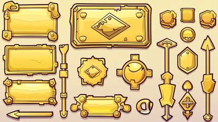 There are gold game tablets, buttons, cartoon menu interface golden keys, yellow metal boards, frames, UI/GUI graphic design elements, arrows, planks and plaques user interface for a role-playing