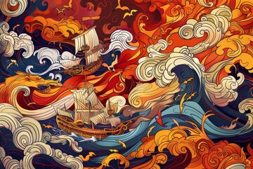 Cartoon cute doodles of the iconic Red Cliff battle scene, with warships ablaze and soldiers charging into battle amidst swirling winds, Generative AI