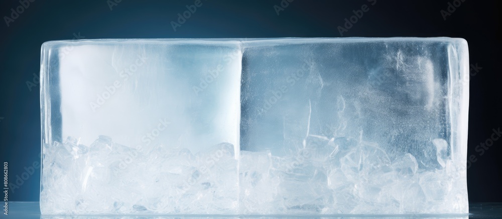 Poster copy space image of a beautifully textured transparent ice block serving as a captivating background