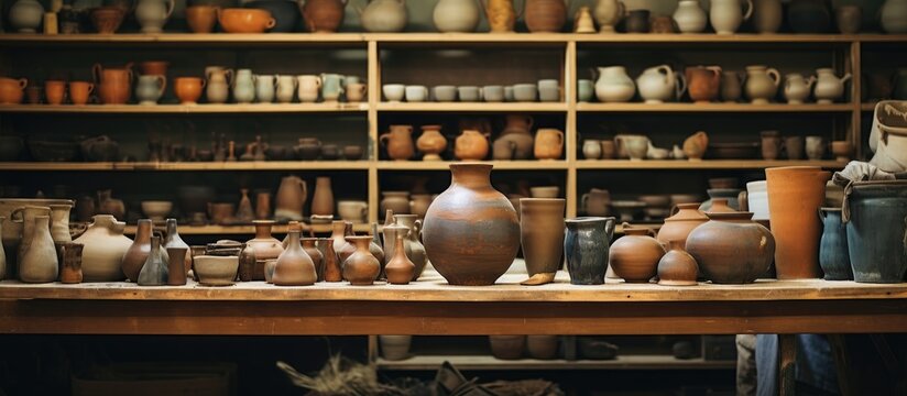 In the background a potter can be seen alongside ceramics displayed on workshop shelves The scene offers a captivating copy space image - Powered by Adobe