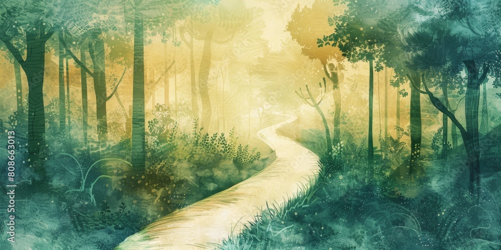 Aufkleber a forest path with a river running through it. the trees are green and the sky is yellow