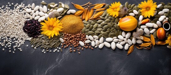 Fototapeta premium A variety of nutritious seeds such as sunflower pumpkin sesame and golden flax are scattered on a grey slate surface creating a visually appealing image suitable for healthy lifestyle gourmets