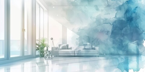 A blue and white room with a couch and a plant. The room is bright and airy, with a blue wall and white furniture. The plant adds a touch of greenery to the space, making it feel more inviting