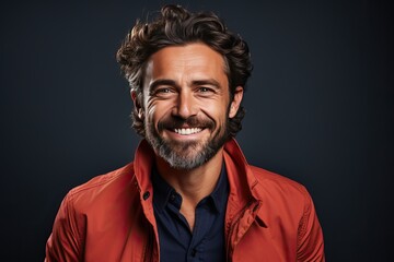 Obraz premium portrait of a smiling mature man in red clothes on a red background.