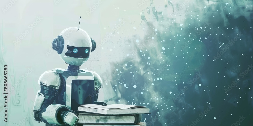Poster a robot is holding a book and standing in front of a blue background. the robot has a blue face and 