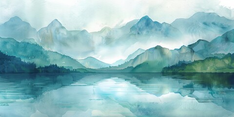 A painting of a mountain range with a lake in the foreground. The mountains are covered in trees and the lake is calm and reflective. The overall mood of the painting is peaceful and serene