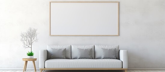 A gray couch is accompanied by empty picture frames on the wall creating a spacious and minimalist vibe for the room Perfect for a copy space image