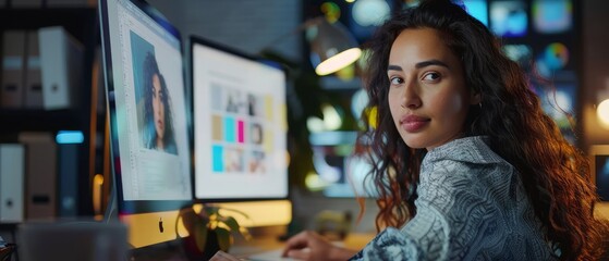 A young Mexican designer is working on a desktop computer in a Creative Office. She is creating a new app design and user interface in a digital graphic editing software.