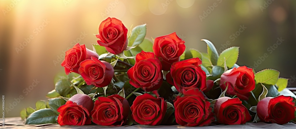 Canvas Prints On a sunny day there is a photograph of a bouquet of stunning red roses with plenty of empty space around them for other elements to be added. Copy space image. Place for adding text and design