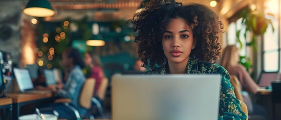 Obraz premium An attractive diverse multicultural female project manager is browsing the internet while working on her laptop in a busy creative office environment.