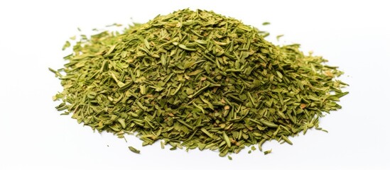 Top view of fresh thyme spice on a white background providing ample copy space for your text