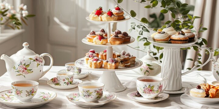 A table is set with a variety of desserts and tea cups. The table is covered with plates, cups, and saucers, and there are several cakes and pastries on display. The table setting is elegant