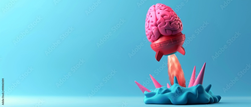 Poster imaginative idea with a colorful brain rocket on a blue background. 3d rendering.