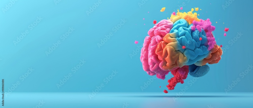 Poster concept of a colorful brain fly on a blue background. 3d rendering.