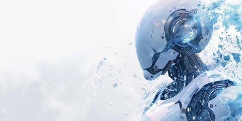 A robot with a blue face is shown on a white background. The robot is surrounded by a lot of water, which gives the image a futuristic and technological feel