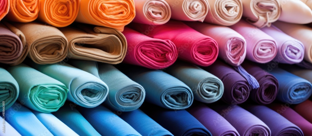 Poster colorful rolled fabric samples on display at a fabrics market with a close up view and copy space im
