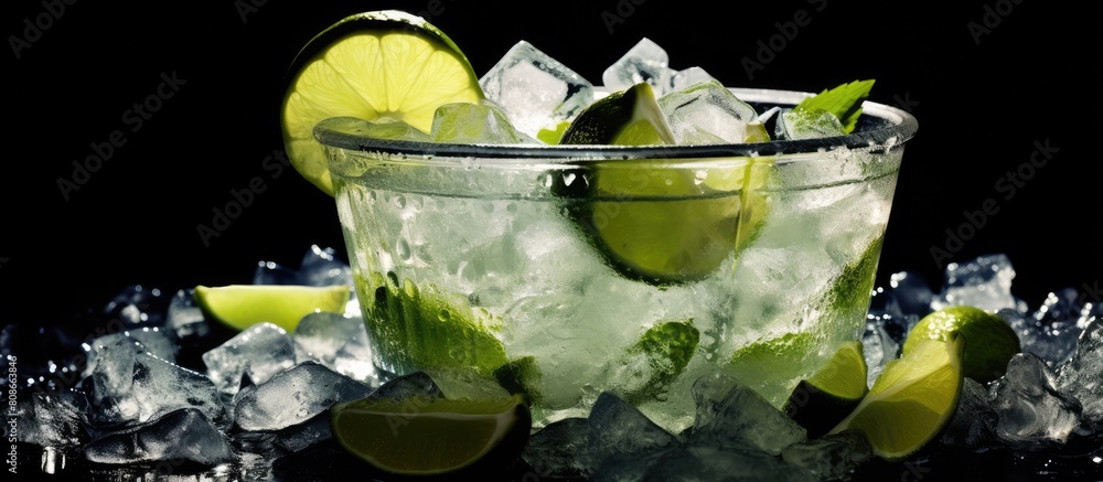 Poster a refreshing image of tequila served with lime slices in a chilled metal bucket surrounded by ice th