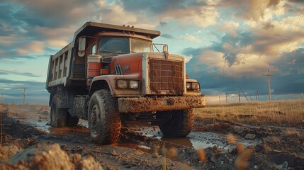 A dirty red dump truck is driving through a muddy field