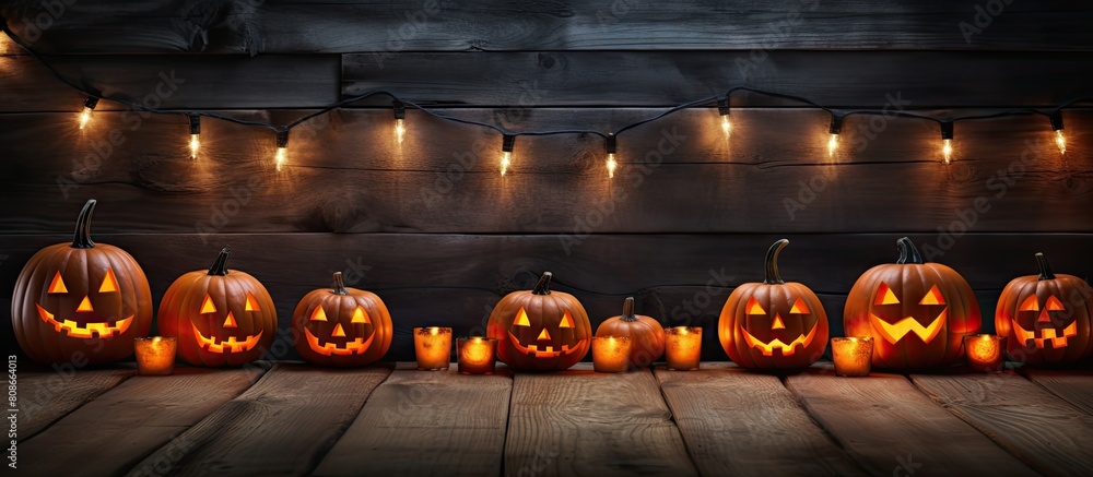 Poster a halloween themed background with a dark wooden backdrop is adorned with a garland of illuminated p