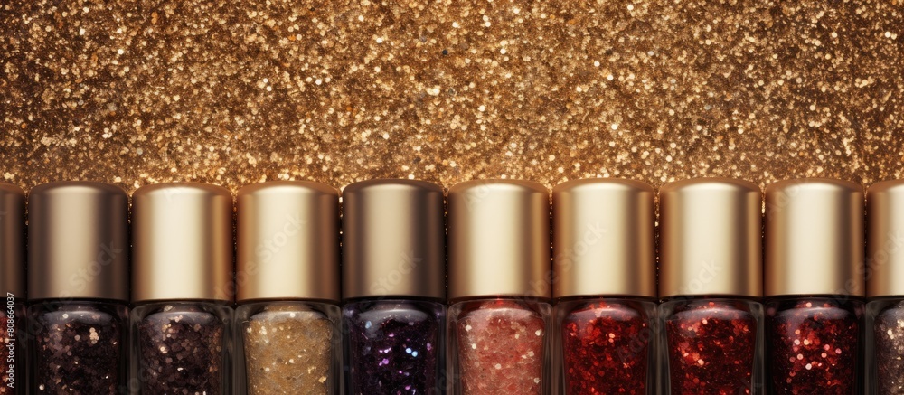 Aufkleber a top view arrangement of open nail polish bottles on a golden glitter background creating a visuall