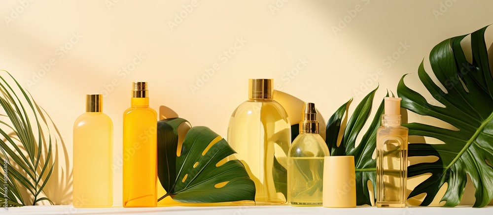 Poster a group of cosmetic product bottles on a yellow white backdrop with a tropical leaf shadow the conta