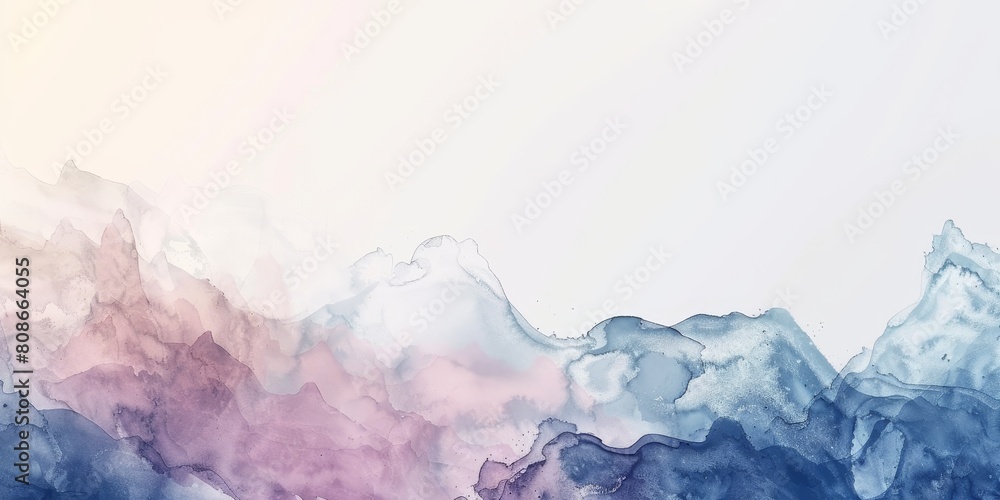 Poster a painting of mountains with a blue and pink background. the mountains are painted in a way that the