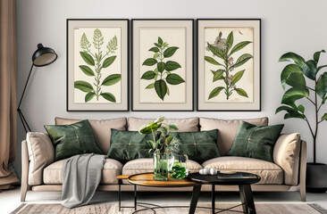 Vintage botanical wall art with detailed illustrations of exotic plants in emerald green and earth tones, ideal for classic interior settings