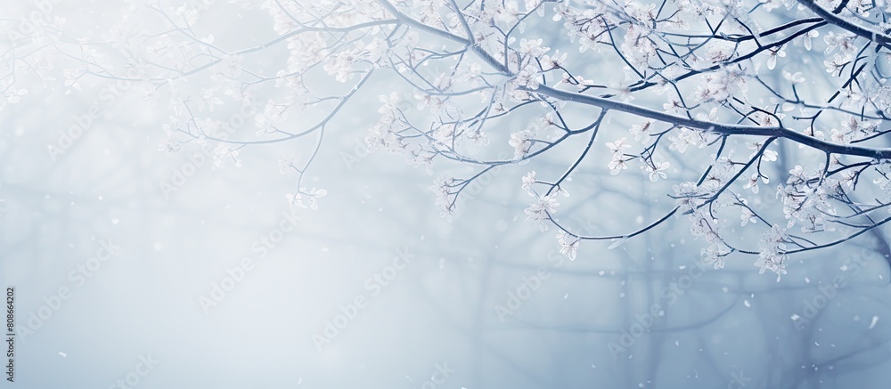 Aufkleber snow covered tree branches in a winter forest create a blurry close up photo with a copy space image