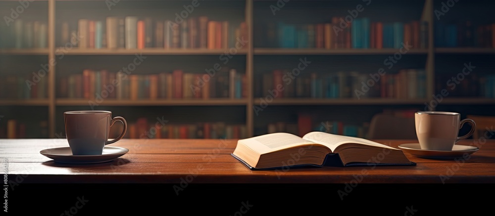 Poster an open book sits alongside a row of books and a cup of coffee on a table creating an educational th