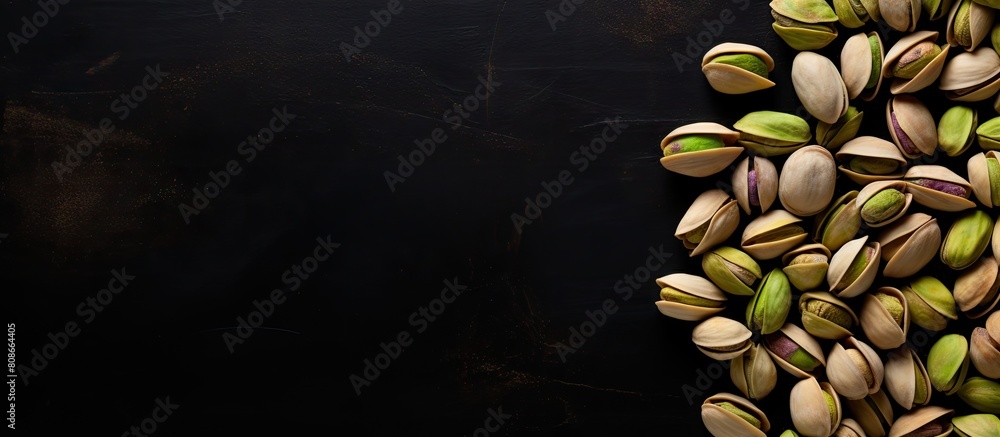 Poster a top view of pistachio nuts placed on a dark background creates an appealing copy space image of a 