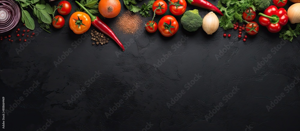 Poster a top view image of raw vegetables on a dark black stone background with ample copy space for your t