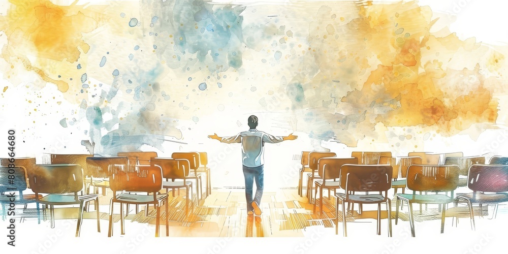 Poster a man stands in front of a large group of chairs. the chairs are arranged in rows, and the man is po