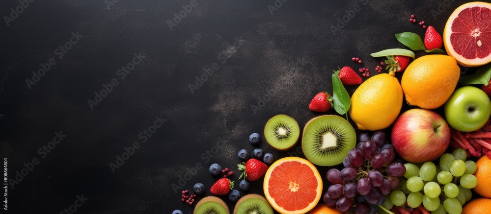 Poster top view of various fresh fruits and healthy snacks arranged attractively against a dark background 