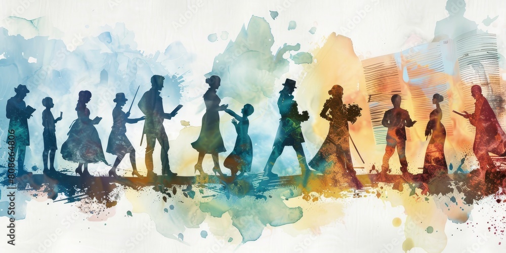 Poster a group of people are walking in a line, with some of them holding books. the image has a sense of u