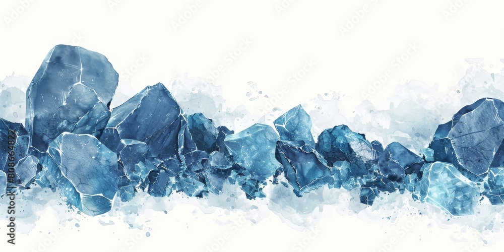 Poster a blue line of rocks with a white background. the rocks are large and scattered, creating a sense of