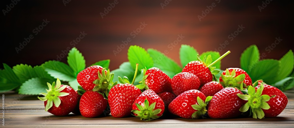 Poster fresh red strawberries with green leaves arranged on a table with a copy space image