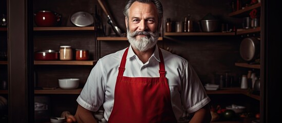 A mature bearded man chef in a red apron ready to cook stands in a kitchen There is copy space available on his board for a restaurant or cafe menu advertisement