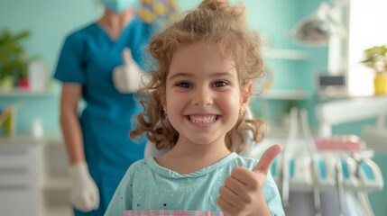 Cheerful Child Showing White Teeth with Dentist Giving Thumbs Up in Bright Dental Clinic, Emphasizing Pediatric Dental Care and Positive Dentistry Experience