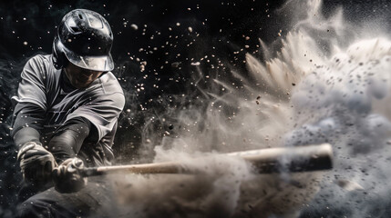 A baseball player swung a silver bat, and the ball burst into a cloud of sand and smoke. The players were frozen in action against a black background.