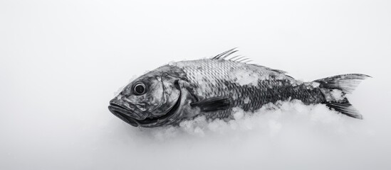 A single raw fish head severed and placed on a white snow backdrop with a designated area for text Ample space available for abstract food wall art Monochrome black and white photograph Copy space im