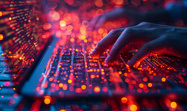 Digital Technology Software Engineer Coding IoT Program on Laptop with Circuit Board and JavaScript Virtual Screen - Internet of Things Development Concept