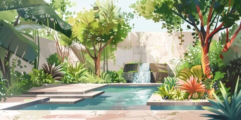 A drawing of a lush green garden with a pool and a waterfall