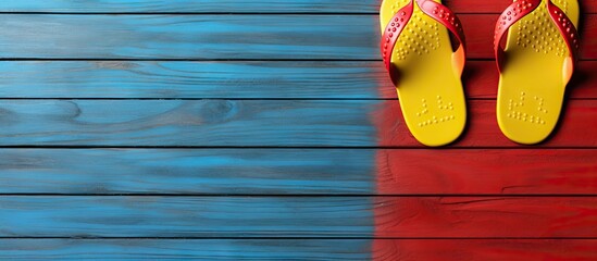 Top view of yellow and red flip flop sandals positioned on a copy space image of a blue wooden background
