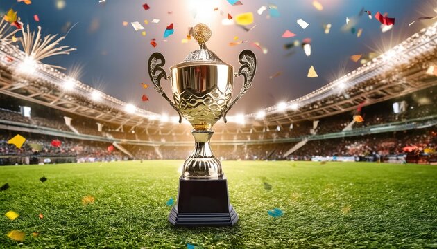 The champion cup stands on a green field at a football stadium with the light of spotlights 