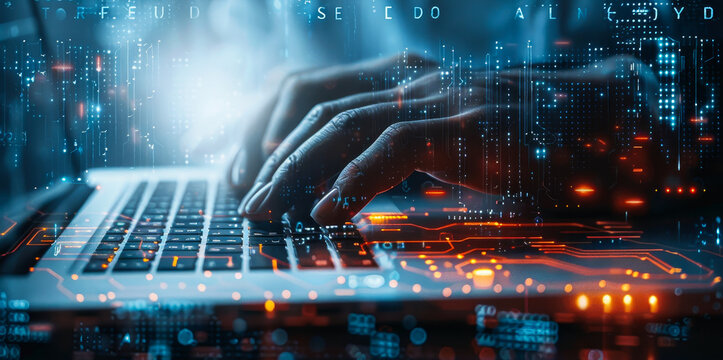 Programmer Coding IoT Software on Laptop Surrounded by Circuit Boards and JavaScript - Concept of Internet of Things and Technology Development